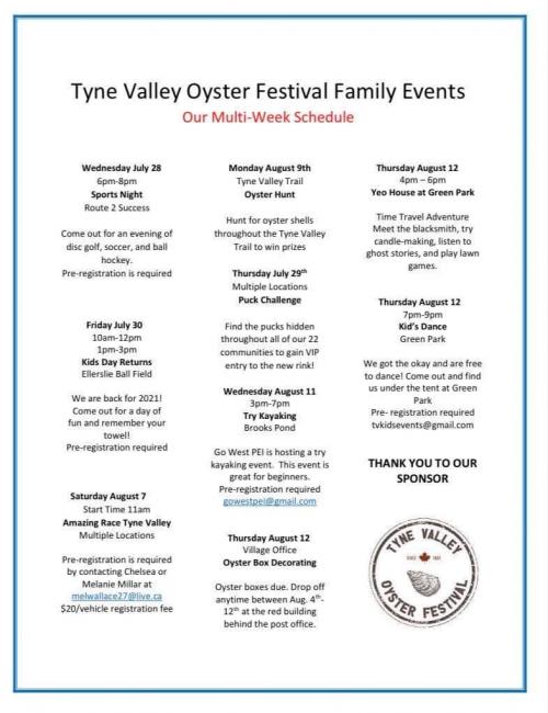 Tyne Valley Oyster Festival's Schedule of Events 2021.
