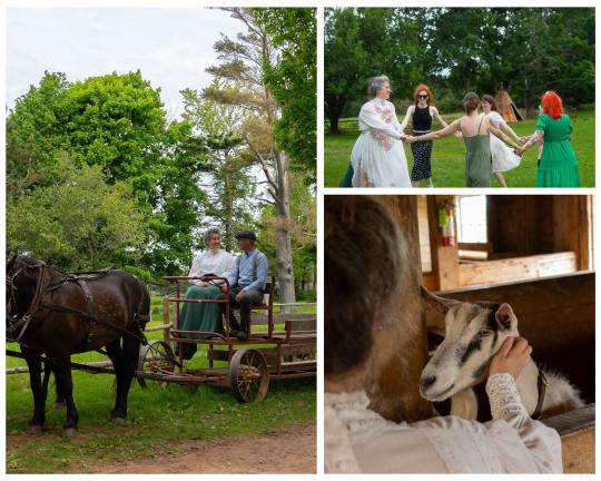 Woman in 1800s costume riding a horse wagon and a group of women dancing on the lawn