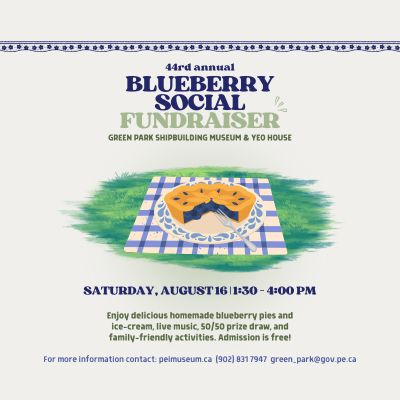 Image of a blueberry pie on a plate with a fork. Text: 44th Annual Blueberry Social August 16