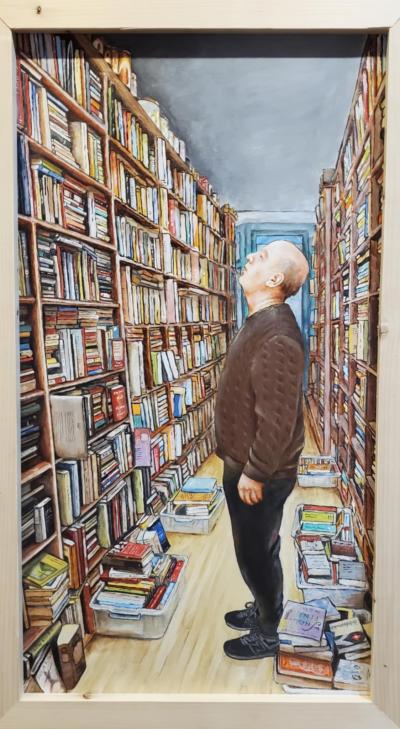 Painting of a man surrounded by bookshelves looking up at some books