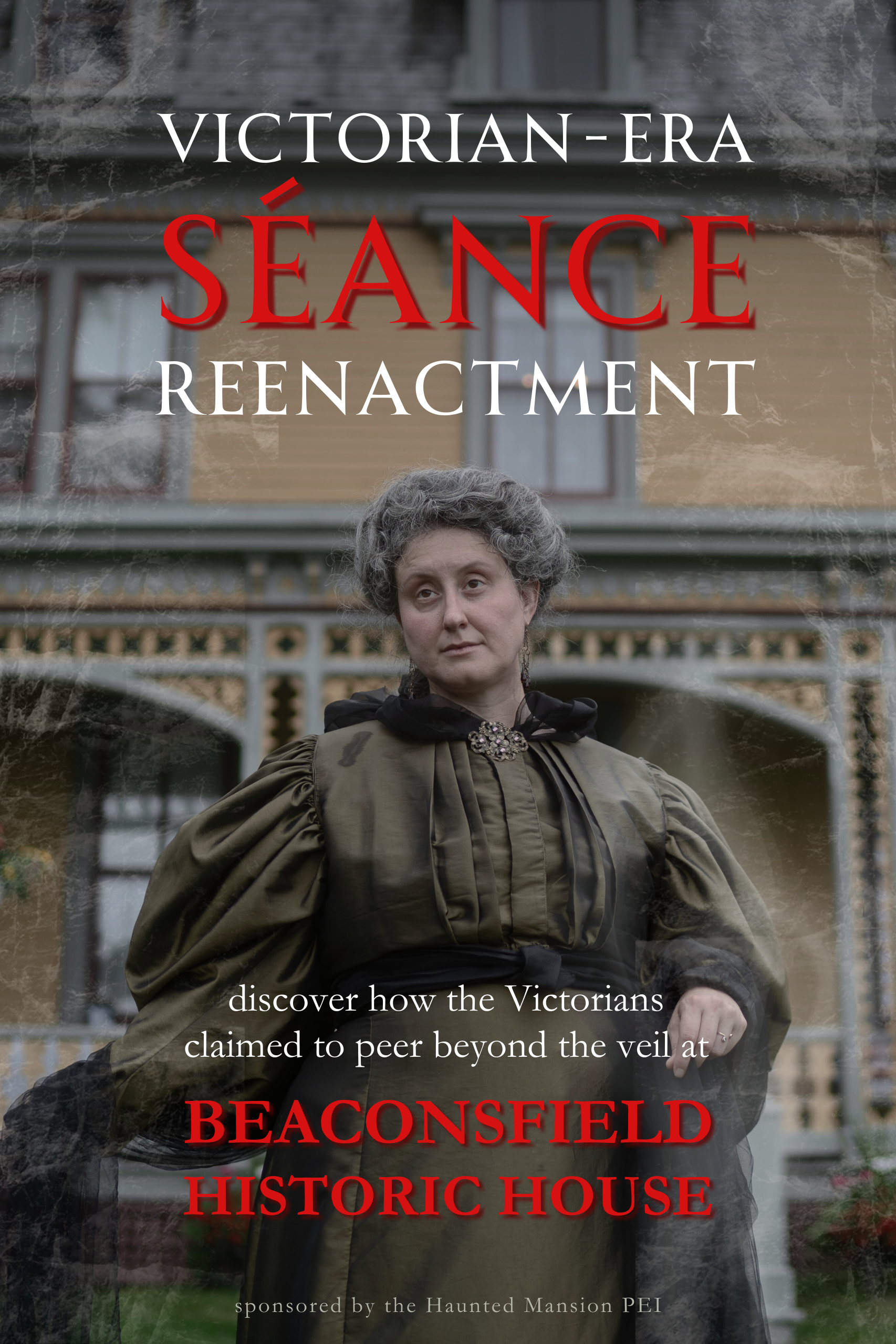 Poster of Beaconsfield Seance Program, featuring the medium Evangeline Grey standing in the garden of Beaconsfield Historic House