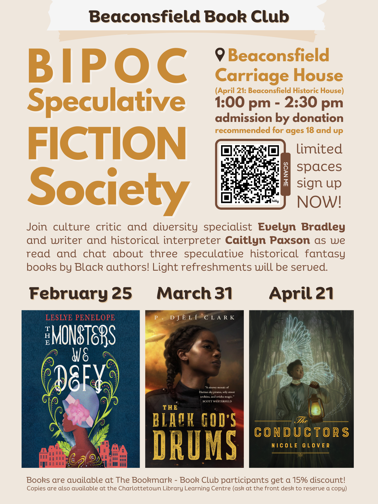 Poster of the Beaconsfield Book Club, featuring 3 books in February, March and April