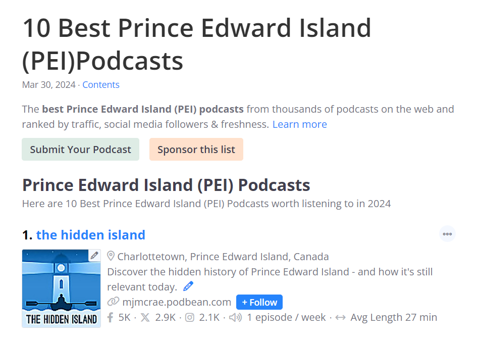 A screenshot of the hidden island podcast 1st ranking on the website Feedpost