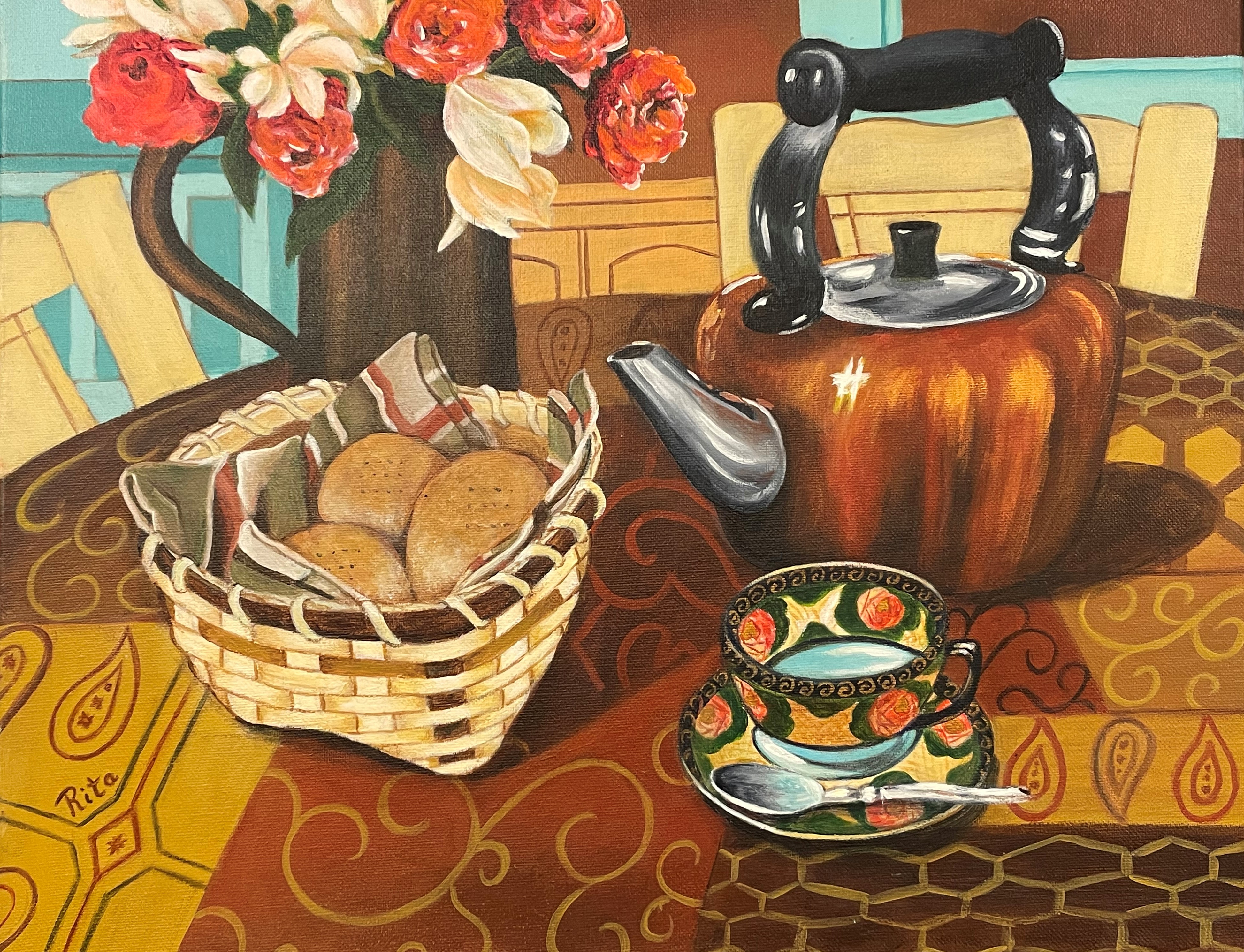 Painting: Thé acadien by Rita Arsenault with flowers, a bread basket, a teacup and a kettle on colourful tablecloth
