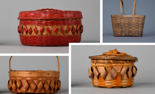Four baskets on gray museum quality background. Top right is small round basket with lid. Top eft is large rectangle basket with two handles. Bottom right is a shallow round basket with tall handle. Bottom right is a small red basket with lid.