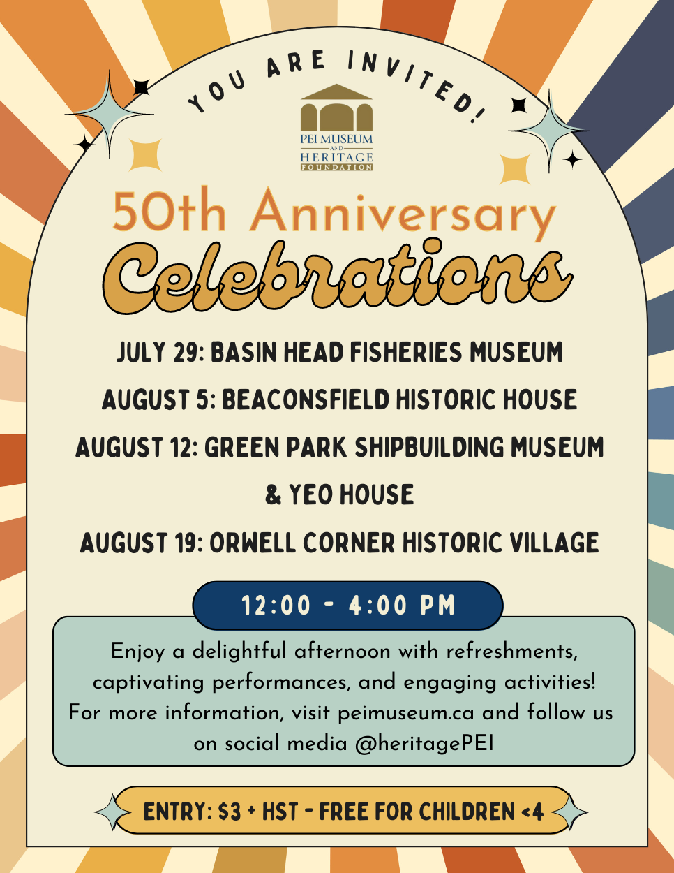 Colorful poster of 50th anniversary events of 4 museum and heritage sites: Basin Head Fisheries Museum, Beaconsfield Historic House, Green Park Shipbuilding Museum and Orwell Corner Historic Village 