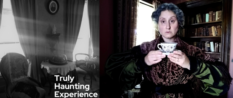 Two images. Image 1 is black and white of sun coming through the window of a darkened room. Picture two is a photo of a stern looking woman with her haired pulled back in a bun with a cup and saucer in her hands