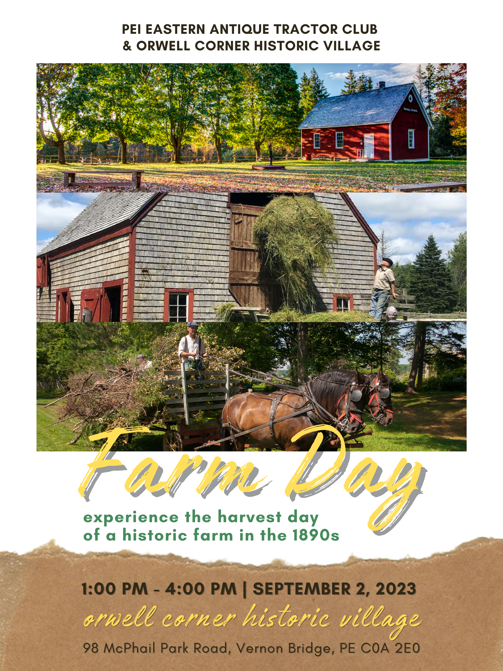 Poster of Orwell Corner Farm Day on September 2, 2023. There are photos of Orwell, horses, and storing hay on the loft.