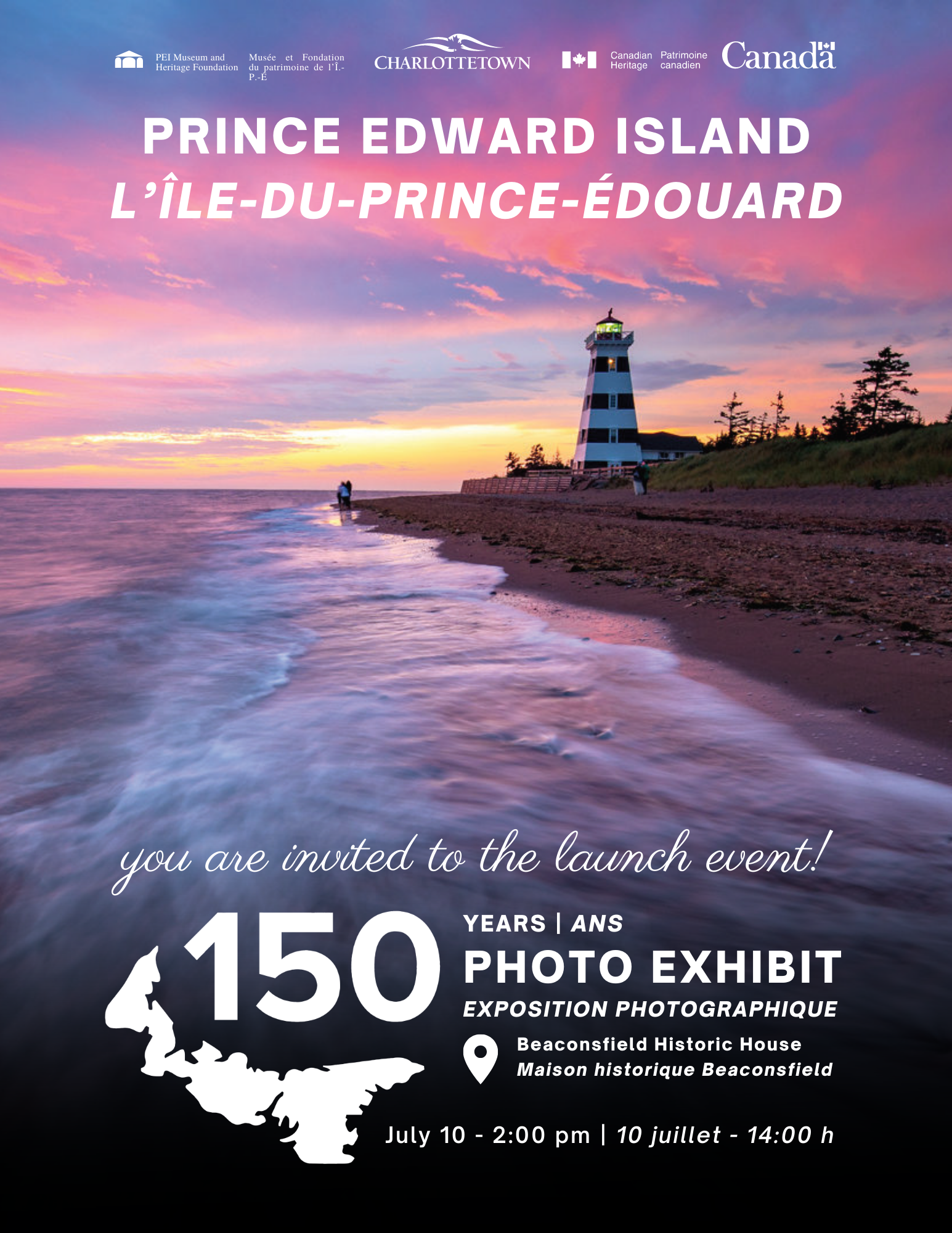 A photo of PEI ocean and lighthouse at sunset with text about the PEI 150th Anniversary Photo Exhibit launch event