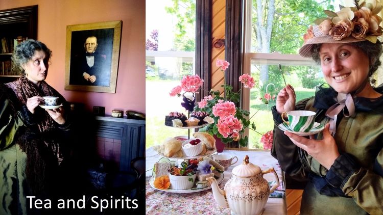 Two images. Image one is a dour looking woman standing in front of a fireplace with a teacup in hand. Image 2 is a smiling lady wearing Victorian dress surrounded by colourful pastries