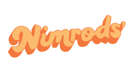 Orange letters on a light pink background read "Nimrods" The letters are written in a thick cursive script.