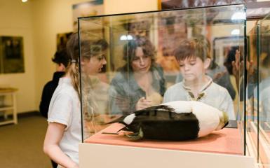 2 children and one adult looking at an artifact in a plexiglass display at the Acadian Museum's Archeological exhibition