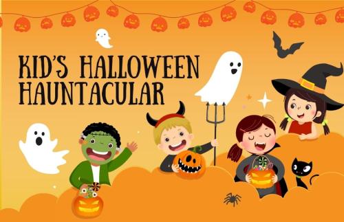 Promotional Poster for Kids' Halloween Event featuring cartoon children in costume trick-or-treating, cartoon ghosts and pumpkins