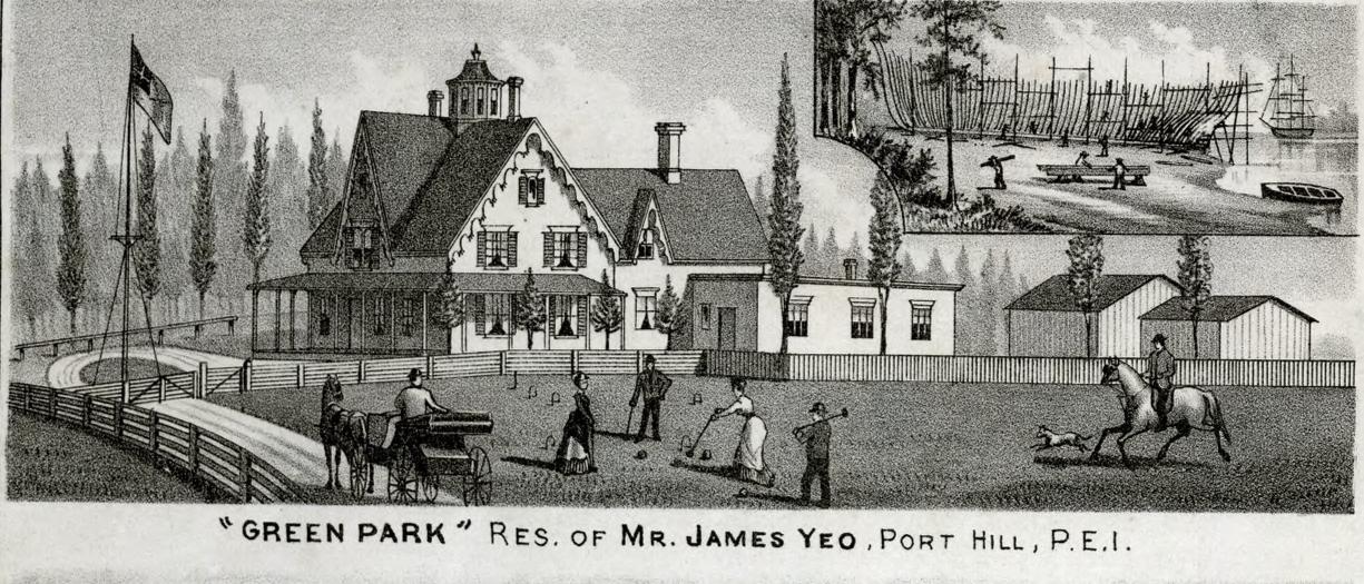 A black and white illustraton featuring a 19th-century home with a large gabled roof. Text above and below the illustration identifies the house as the residence of John Yeo of Port Hill, PEI.